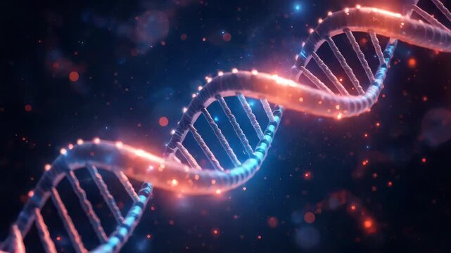 Glowing DNA double helix strand molecular genetic science with bioluminescent particles and blue