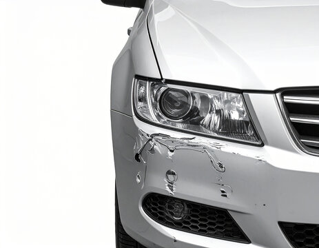 Front view of a silver car bumper with visible damage and scratches after an accident on a white background