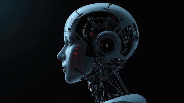 Futuristic robot android cyborg profile side view with glowing sensors illuminated circuits