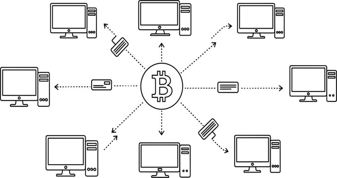 Bitcoin Peer to Peer Network Illustration with Computers Cryptocurrency Transactions Blockchain System Line Art Vector Design