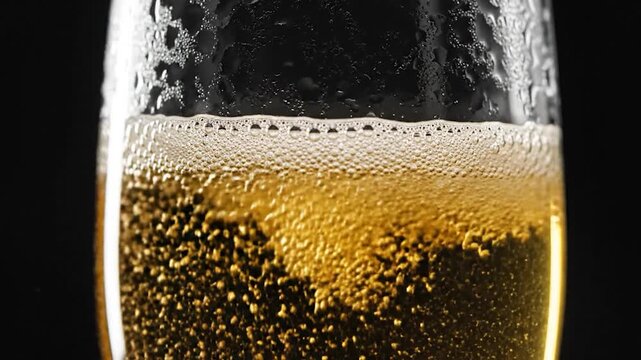 Close-up of golden beer being poured into a glass with bubbles rising.