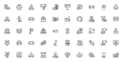 Gaming icon set. Vector game symbols collection. Includes controller, console, VR, sword, loot box, treasure, score, multiplayer and more. Editable stroke. © wang