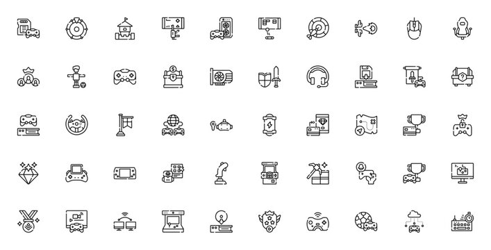 Gaming icon set. Vector game symbols collection. Includes controller, console, VR, sword, loot box, treasure, score, multiplayer and more. Editable stroke.