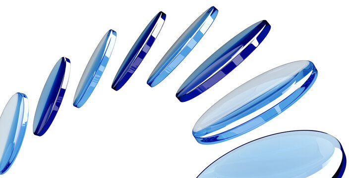 Closeup of elongated blue glass lenses in a curved sequence for abstract background and product banner design.3d render