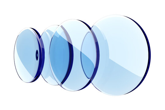 Optical glass lenses in blue transparent discs isolated on white background for product design and technology visualization .3d render