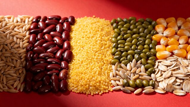 Assorted grains and legumes arranged in rows