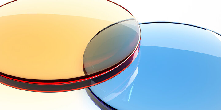 Transparent overlapping glass lenses with amber and blue reflections for modern background and banner design.3d render
