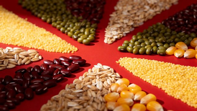 Assorted grains and legumes arranged on red background