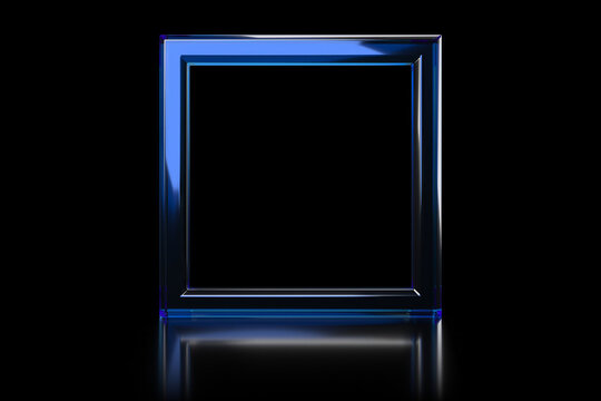 Glossy transparent blue square frame on black reflective surface for award display and luxury banner design showcase .3d render