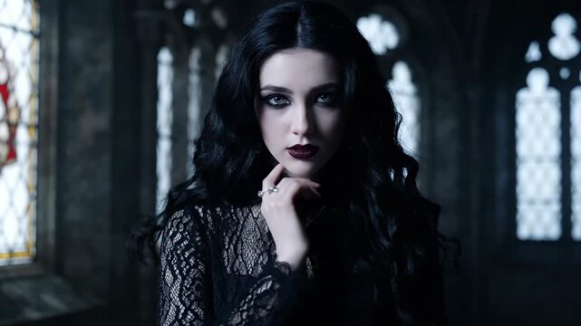 Woman gothic fashion portrait, dark makeup, long black hair, a blend of mystery and elegance for social media or art