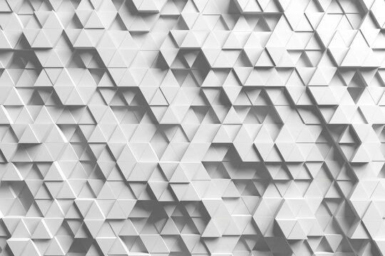 White geometric hexagonal and triangular tessellated wall pattern with shadows for abstract wallpaper and surface design.3d render