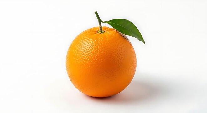 Satu buah jeruk segar sempurna dengan sehelai daun bertangkai melambangkan kualitas panen premium dan kekayaan antioksidan untuk kesehatan tubuh maksimal.