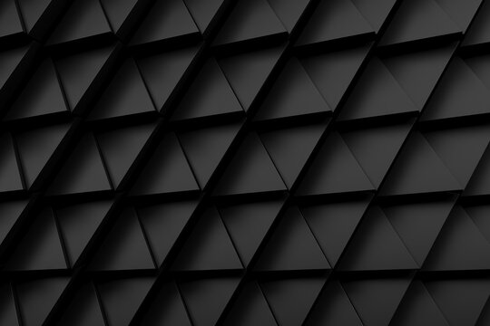 Dark triangular tile grid pattern with repeating pyramids for minimalist architectural background and texture design.3d render