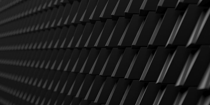 Black textured geometric wall pattern with repeating metallic tiles and diagonal panels for modern background and banner design in architectural interiors.3d render