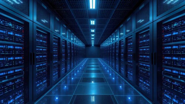 Server rack aisle data center with blue lighting reflective floor server room glowing futuristic