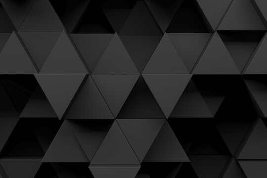 Dark black triangular block pattern with matte surfaces and deep shadows for modern background and wallpaper design .3d render