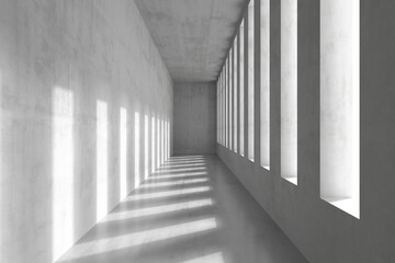 Fototapeta premium Sunlit concrete corridor with tall rectangular windows casting long shadows for architectural interior background and hallway design .3d render