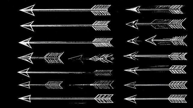 A collection of hand-drawn arrows in various sizes and directions on a black background