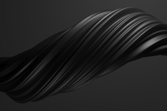 Black twisted satin ribbon wave on dark background for abstract minimalist wallpaper and branding backdrop .3d render