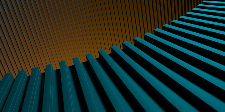 Teal diagonal corrugated metal fins with warm wooden slat backdrop for modern architectural background and banner design.3d render