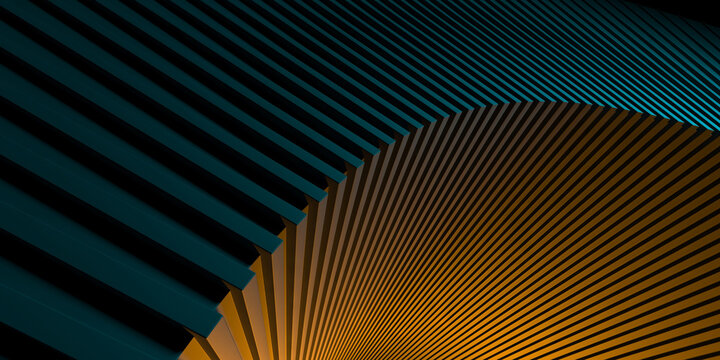 Dark teal and amber ribbed curved arch with linear shadows for dramatic abstract background and banner composition.3d render
