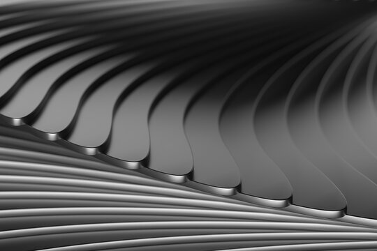 Monochrome curved metal ribbed pattern background for industrial poster and minimalist abstract design with sleek metallic lines.3d render