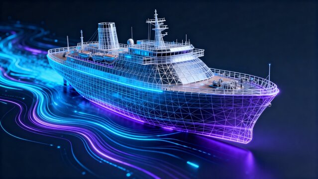 Digital wireframe ship with glowing trails