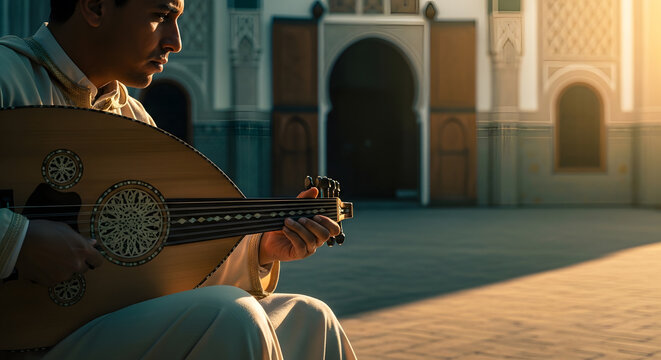 A man sits outdoors playing a large acoustic lute with intricate patterns on the body in front of arched architecture