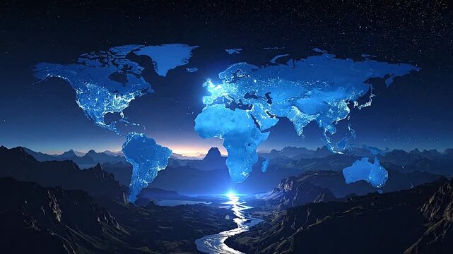 A beautiful digital illustration of a world map with city lights and a flowing river at night