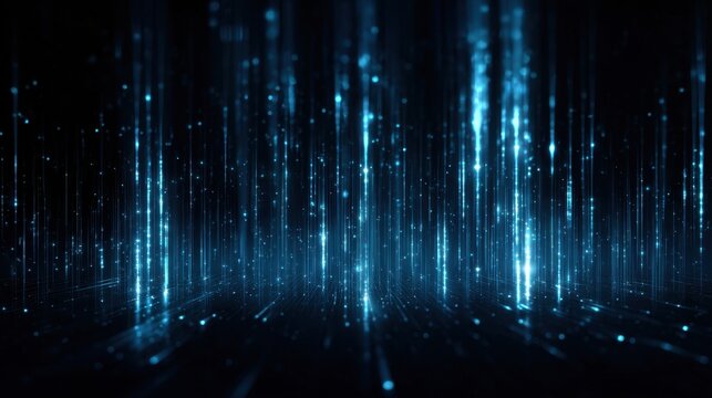 Abstract Tech Symphony: Digital lines of vibrant energy flow downwards, illuminating a dark, futuristic scene, evoking a sense of technological advancement and data transmission.