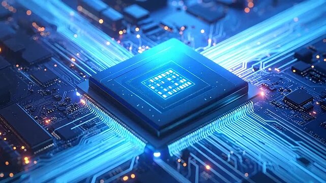A close-up view of a central processing unit on a circuit board with glowing lights