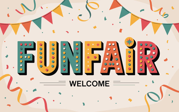 A vibrant welcome sign with colorful letters and decorations reads Funfair at an outdoor event