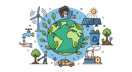 Naklejka premium Illustration of Earth surrounded by environmental protection and sustainable energy elements like wind turbines, solar panels, recycling, and water conservation.
