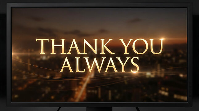 Golden thank you always message on cityscape television screen