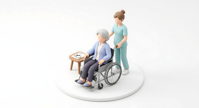 車椅子に乗った高齢女性を介助する介護スタッフの3Dキャラクター 車椅子移動のサポート
