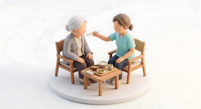 高齢者に食事の介助を行う介護職員の3Dイラスト 栄養管理と高齢者ケアのイメージ
