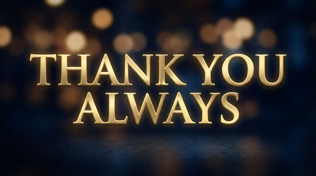 Golden thank you always text on dark background with bokeh