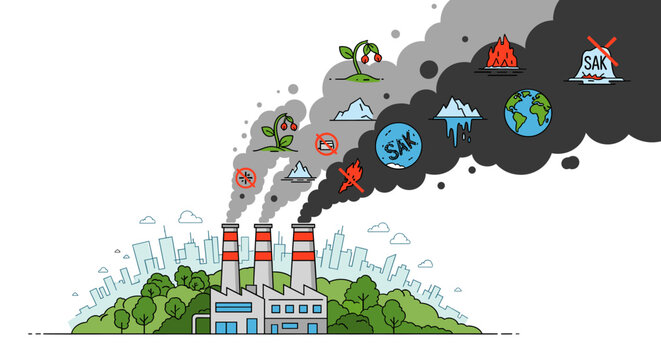Industrial pollution from factory smokestacks contributing to environmental degradation and climate change, depicted with symbolic icons.