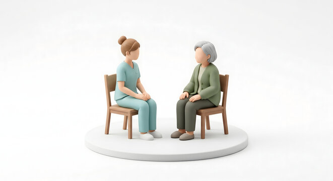 高齢女性と向き合って対話をする介護スタッフの3Dイラスト メンタルケアとカウンセリング
