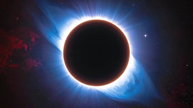 A celestial body is surrounded by a bright, glowing corona in the vast, dark cosmos