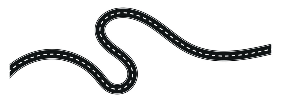 Curved winding road with dashed white lines symbolising a long journey or travel path graphic design element