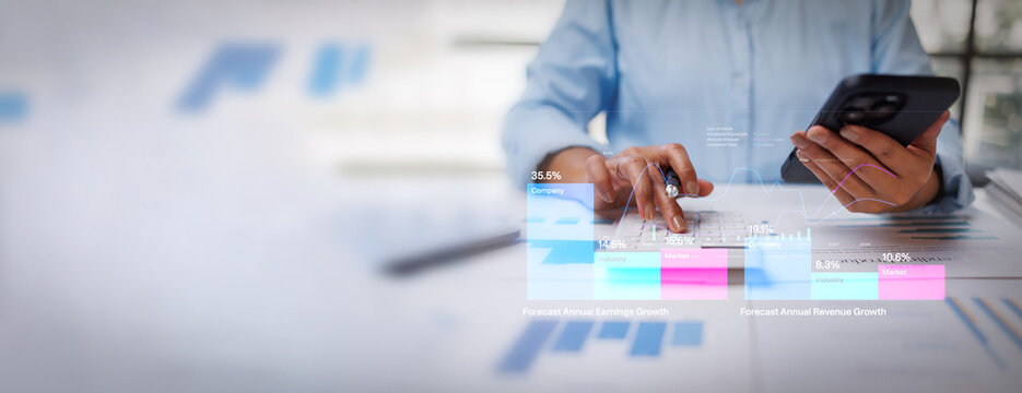 Business woman analysis summary graph reports of business operating expenses and work data about the company's financial statements.