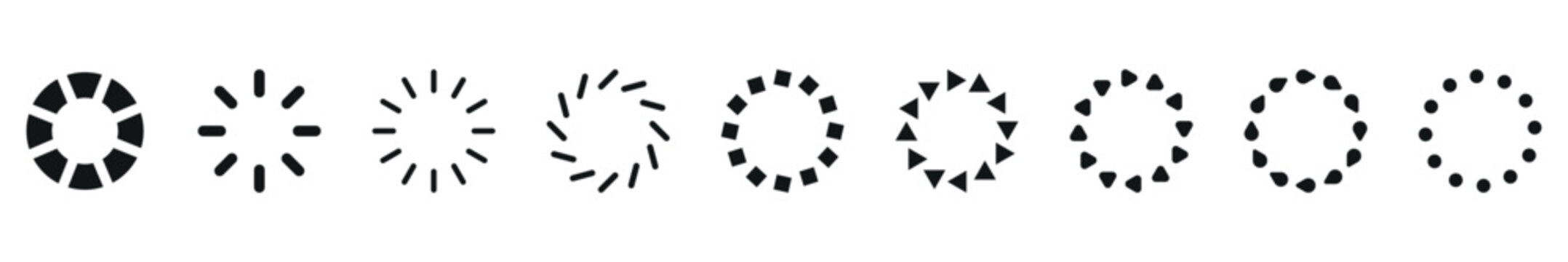 Set of modern black loading spinner icons with different circular shapes for digital interface design