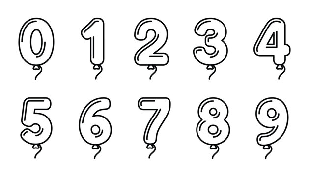 Number 0 to 9 balloon shapes, festive strings, and party decorations for birthday celebration line icon set