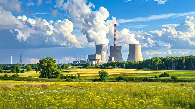 A scenic view of a power plant with tall cooling towers and a beautiful landscape