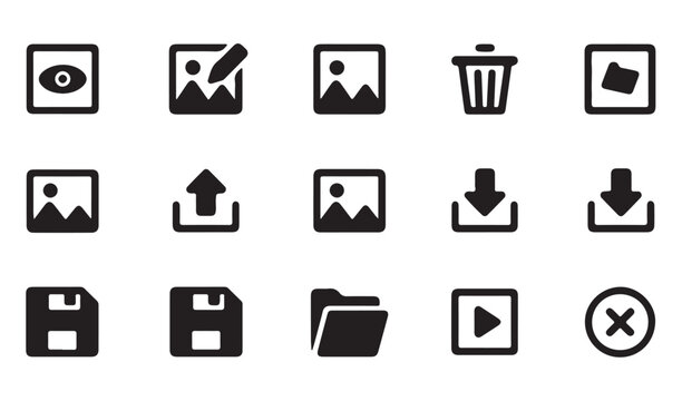 Black interface icon set for web navigation including bin and upload download symbols style.
