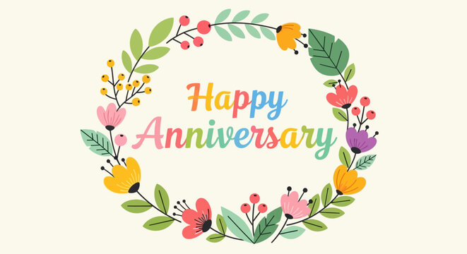 Happy Anniversary Text with Delicate Floral Wreath on Light Cream Background