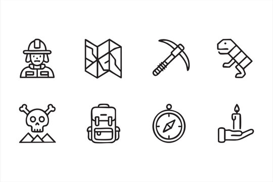 Outline exploration icons set including hiking gear navigation tools and expedition elements for travel projects
