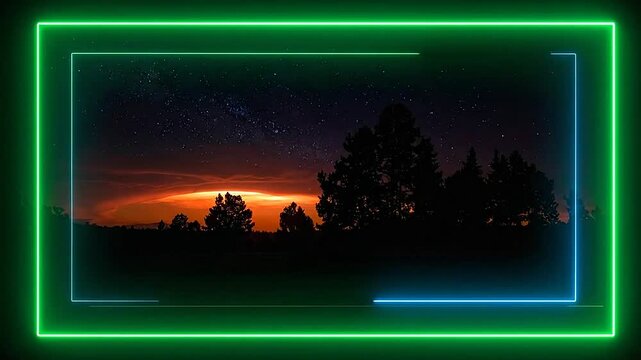 A beautiful night landscape with a glowing frame and a starry sky in the background
