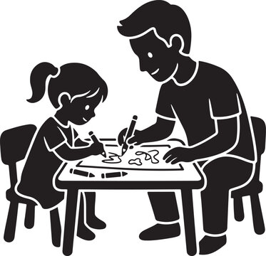 Father and daughter drawing together at table